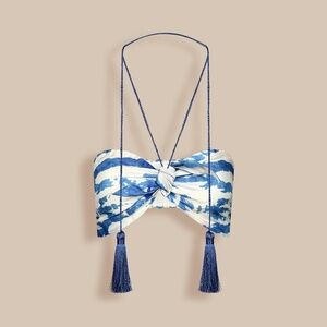 HAND PAINTED TOP WITH CROCHET TASSELS IN BLUE VISCOSE